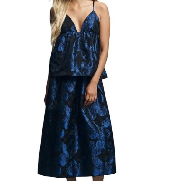 Anthropologie Womens M Black Blue Metallic Sleeveless Jacquard Open Back Midi Dr - Picture 1 of 15
